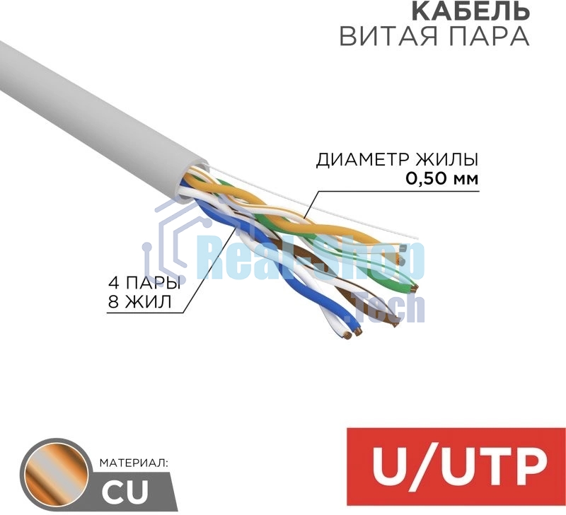Кабель витая пара Rexant U/UTP, cat.5e, ZH нг(А)-HF, 4PR, 24AWG, внутренний, серый, 305 м