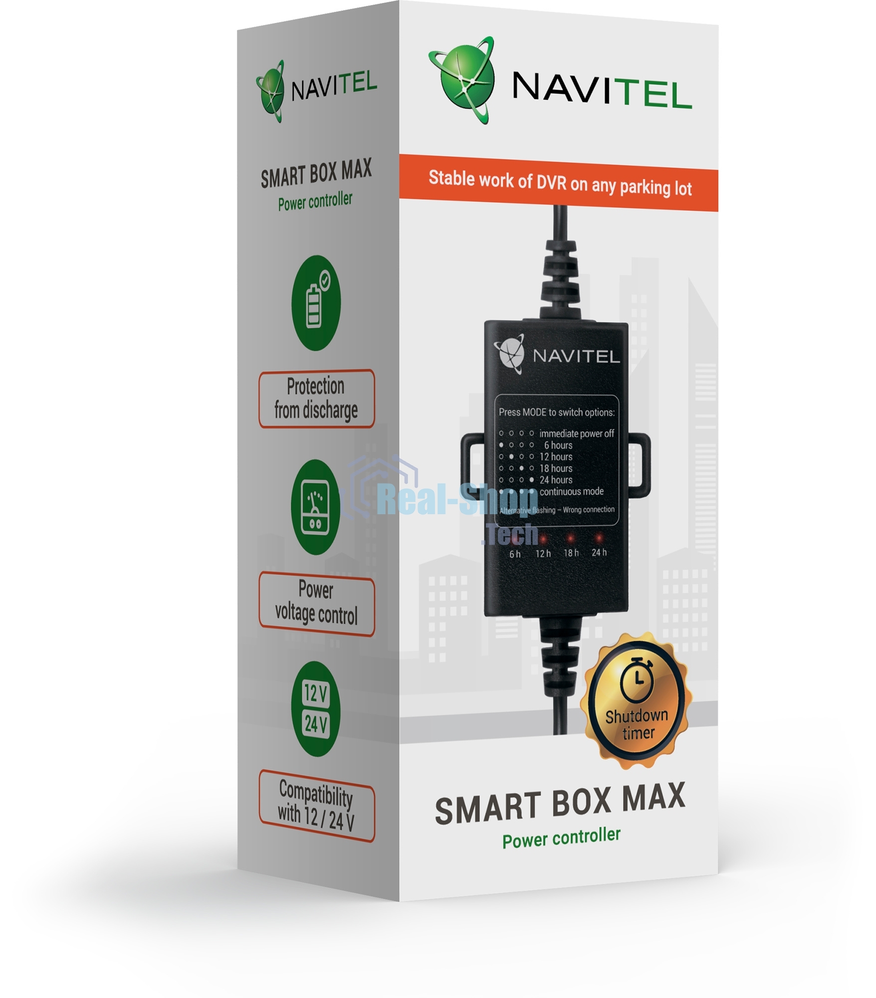 Контроллер питания Navitel Smart Box Max черный 4.5м Вход 1240 В, выход 5В 2А, защита от разряда аккумулятора, таймер (упак.:1шт)