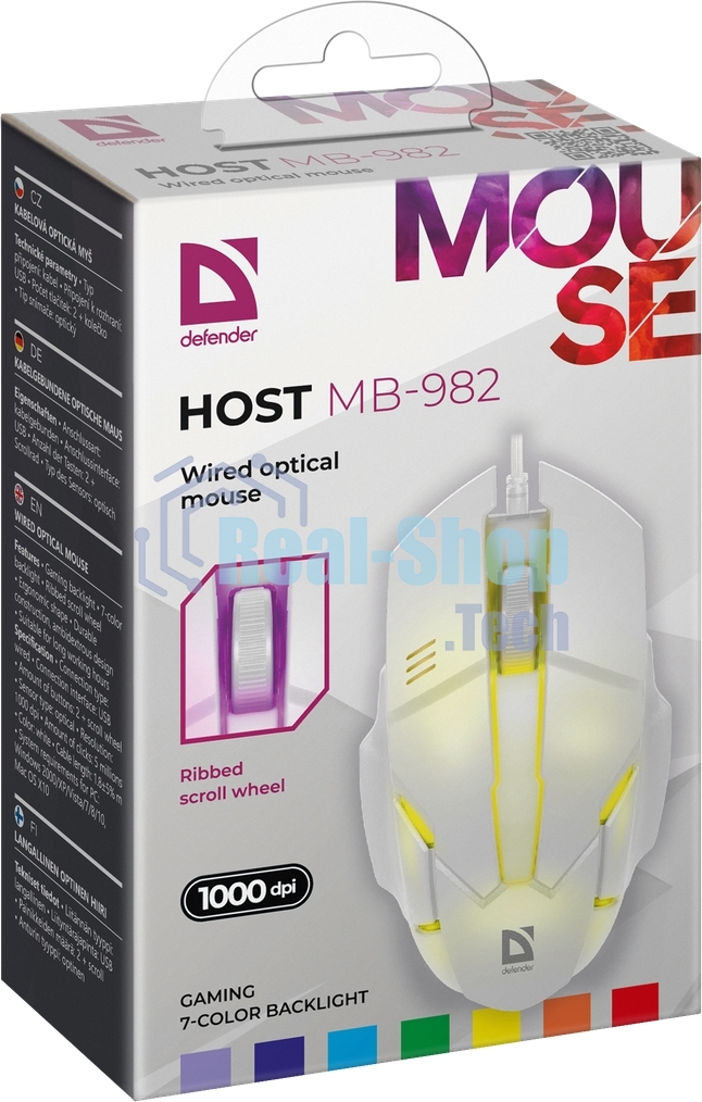 Мышь проводная Defender Host MB-982 белый, 1000 dpi, USB, кнопки - 3
