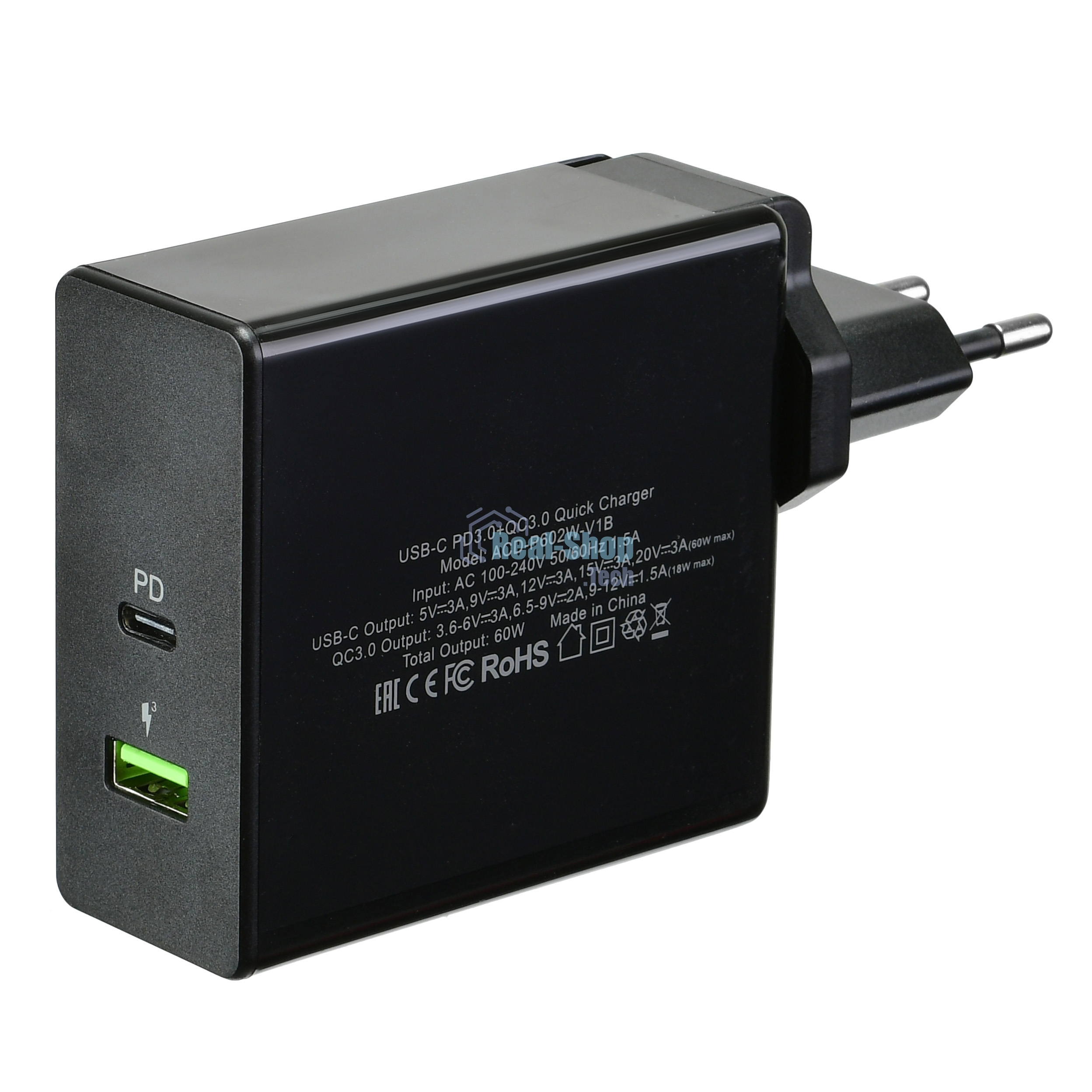 Сетевое зарядное устройство ACD-P602W-V1B 60Вт, 2xUSB 1PD+1QC, 3.6~20В/3А RTL