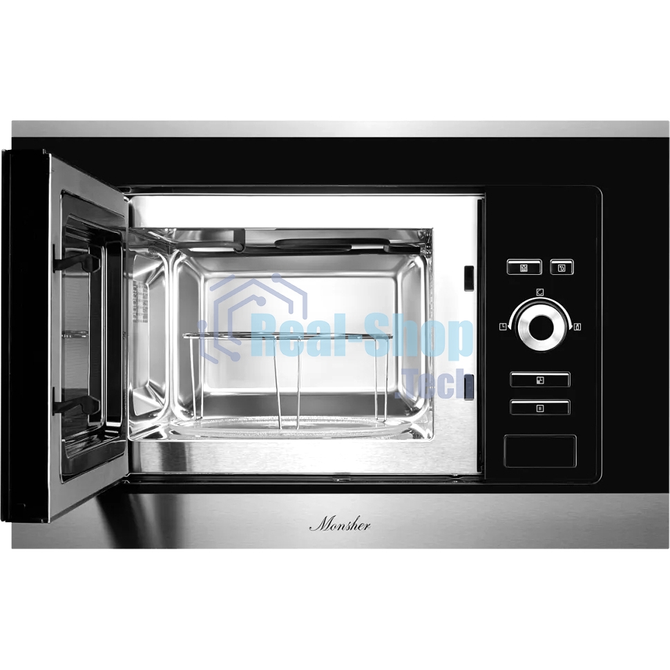Встраиваемая микроволновая печь Monsher MMH 201 BX 60 см, 20 л, 8 автоматических кулинарных программ, 5 режимов мощности, функция размораживания по весу полуфабрикатов или по времени, черный и нерж.