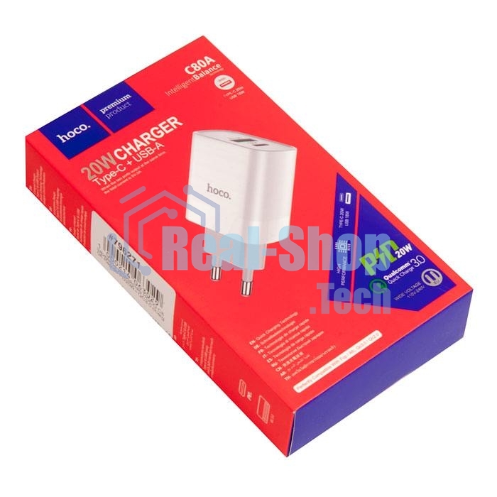 Сетевое зарядное устройство HOCO C80A Rapido 1xUSB + 1xUSB-C, 3.1A, 20W, белый