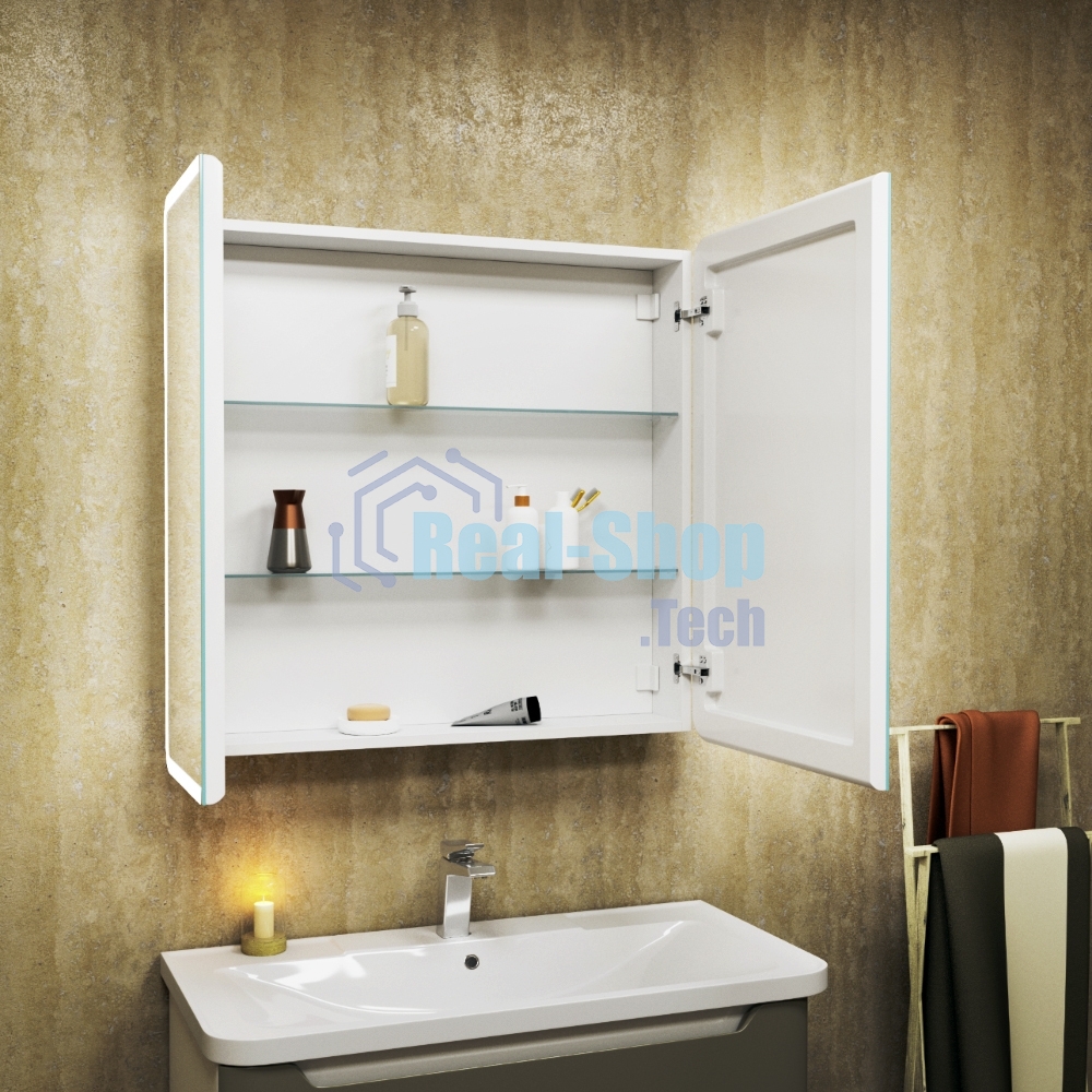 Зеркальный шкаф Bau Stil 80х80, LED подсветка, сенсор, плавное закрывание, оборачиваемый
