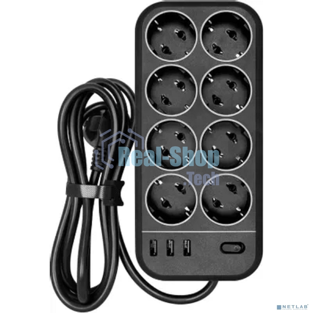 Сетевой фильтр Powercom SP-08 USB03AB 3,0 m 3.0м, 8 розеток, черный, коробка