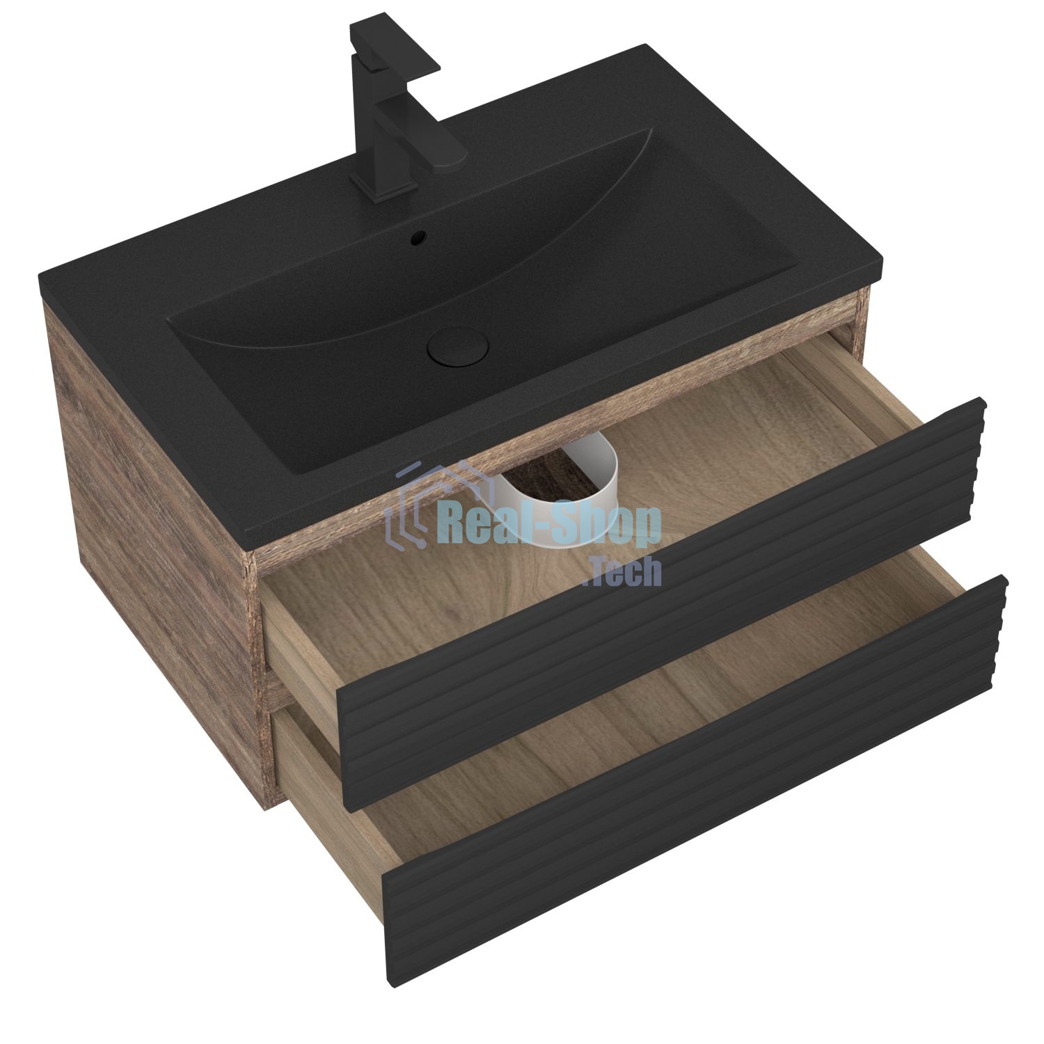 Тумба под раковину Bau Stil Loft black brushed, раковина кварцевая BAU Stil 75, черный металлик, смеситель Hotel Black, черный