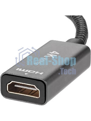 Кабель-переходник DP --> HDMI-F 0.2m, серый металлик, оплетка, 4K@60Hz, Telecom (TA560)