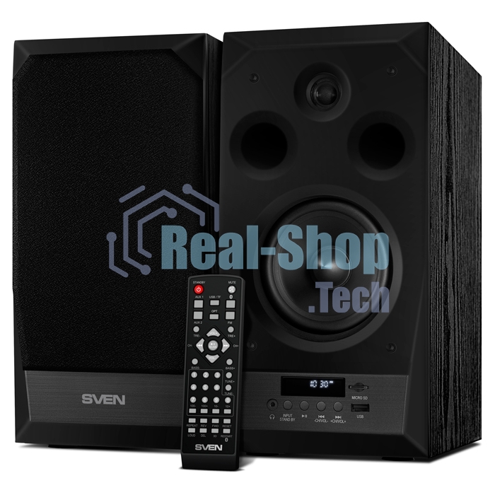 Акустическая система 2.0 SVEN MC-20, черный, мощность 2x45Вт (RMS), FM-тюнер, USB/microSD, дисплей, пульт ДУ, Bluetooth, Optical SVEN MC-20, черный, акустическая система 2.0, мощность 2x45Вт (RMS), FM-тюнер, USB/microSD, дисплей, пульт ДУ, Bluetooth, Optical