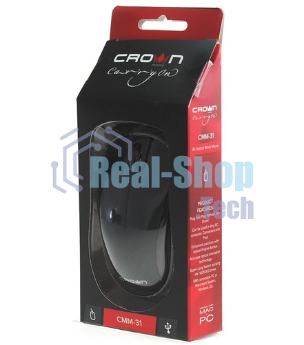 Мышь проводная Crown CMM-128 черный, 1000 dpi, USB, кнопки - 2
