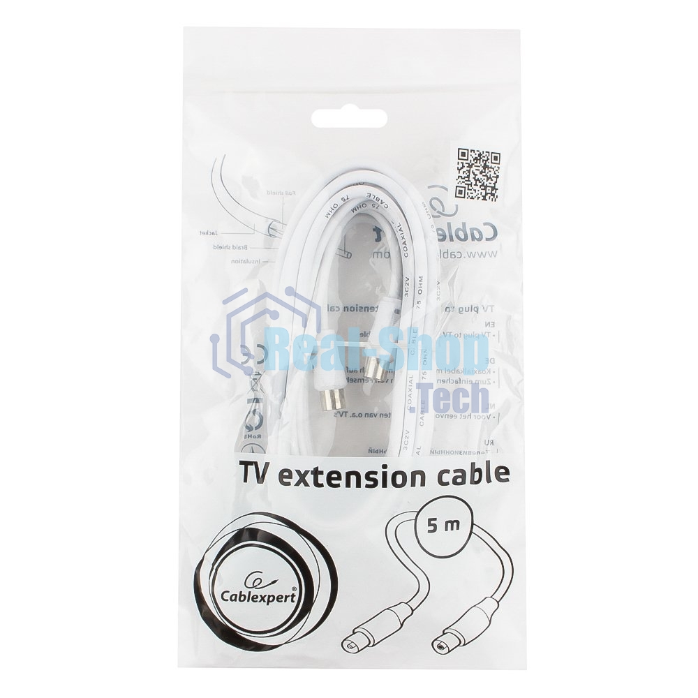 Кабель телевизионный Cablexpert, CCV-515-W-5M, Coaxial M/F, белый, 5м