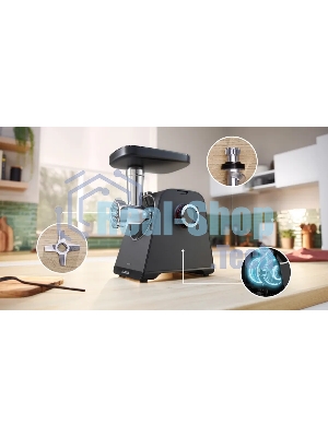 Мясорубка электрическая Bosch MFWS440B черный, 1900 Вт, 2.5 кг/мин, реверс, защита от перегрузки, насадки - 7