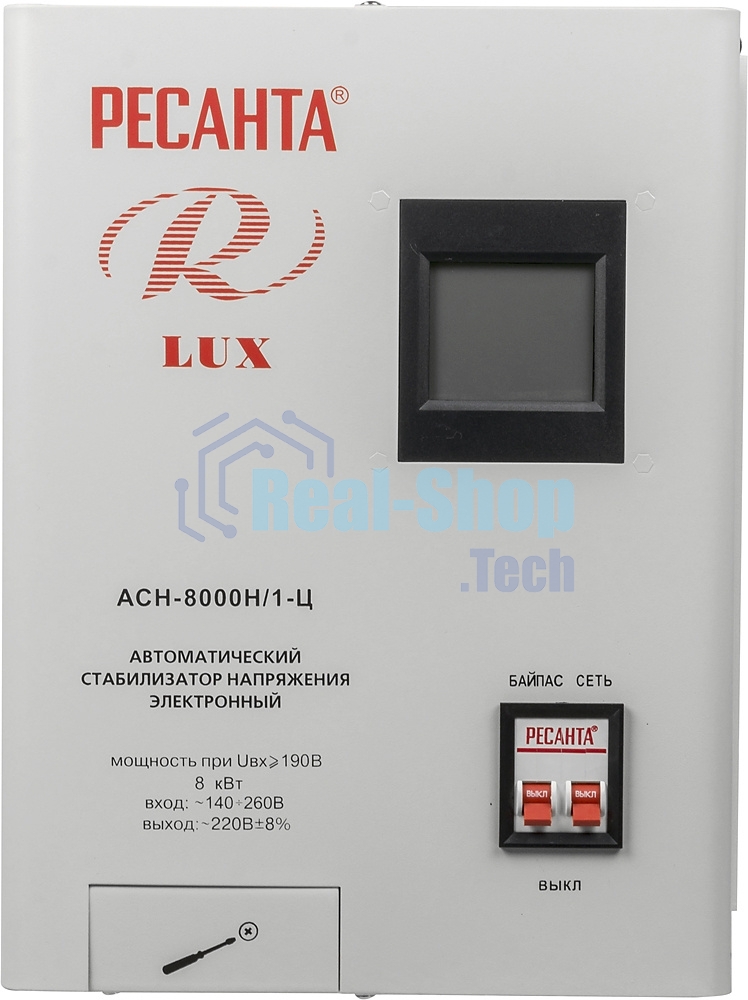Стабилизатор напряжения Ресанта АСН-8 000 Н/1-Ц 63/6/17 Стабилизатор Lux 220В±8%, Габ. 305х190х360, Вес 15кг