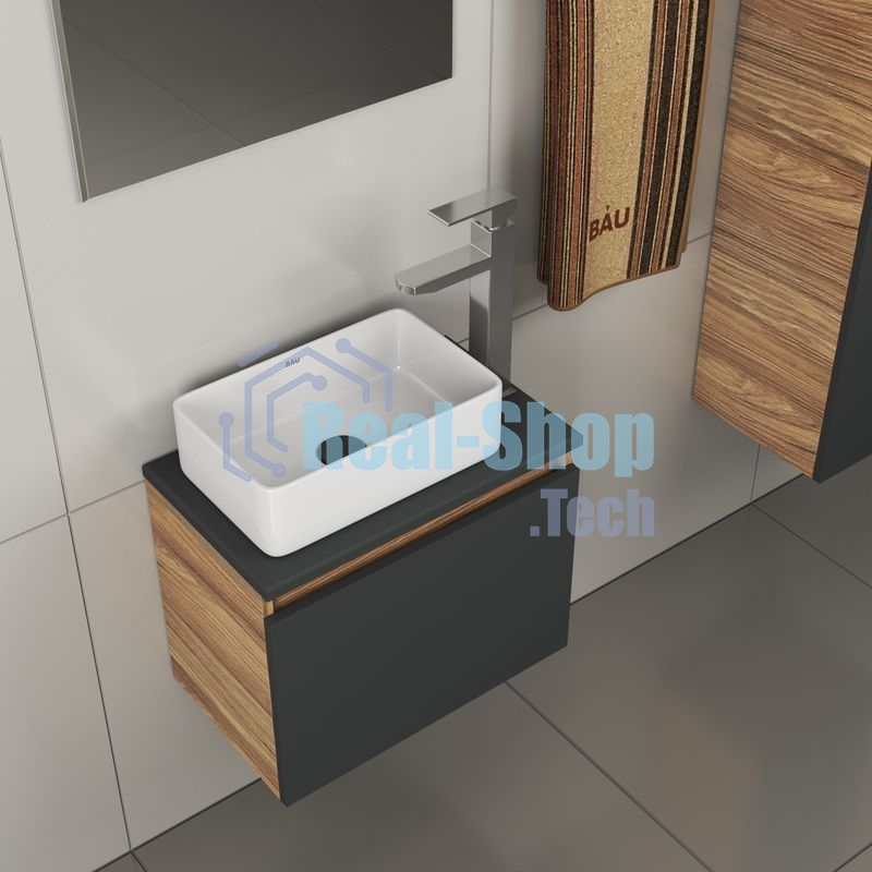 Комплект для ванной, 4 предмета (тумба Bau 50, графит + раковина BAU Hotel mini 37х23 + смеситель Hotel Still, выпуск клик-клак, черный)