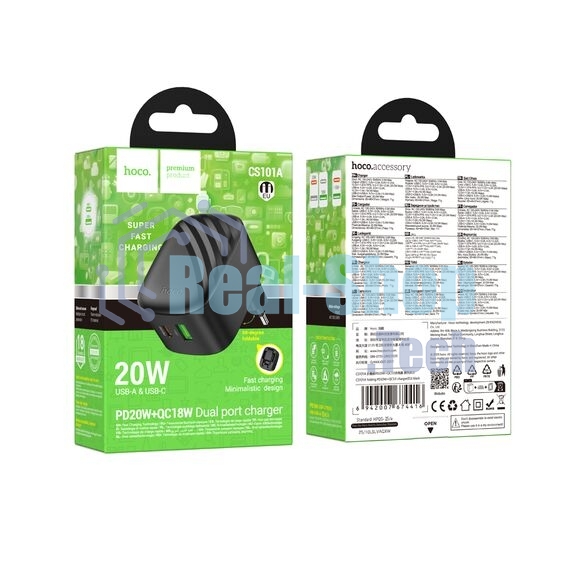 Зарядное устройство Hoco 20Вт, 3А, QC3.0/PD, 1xUSB, 1xType-C, CS101A, черный, коробка