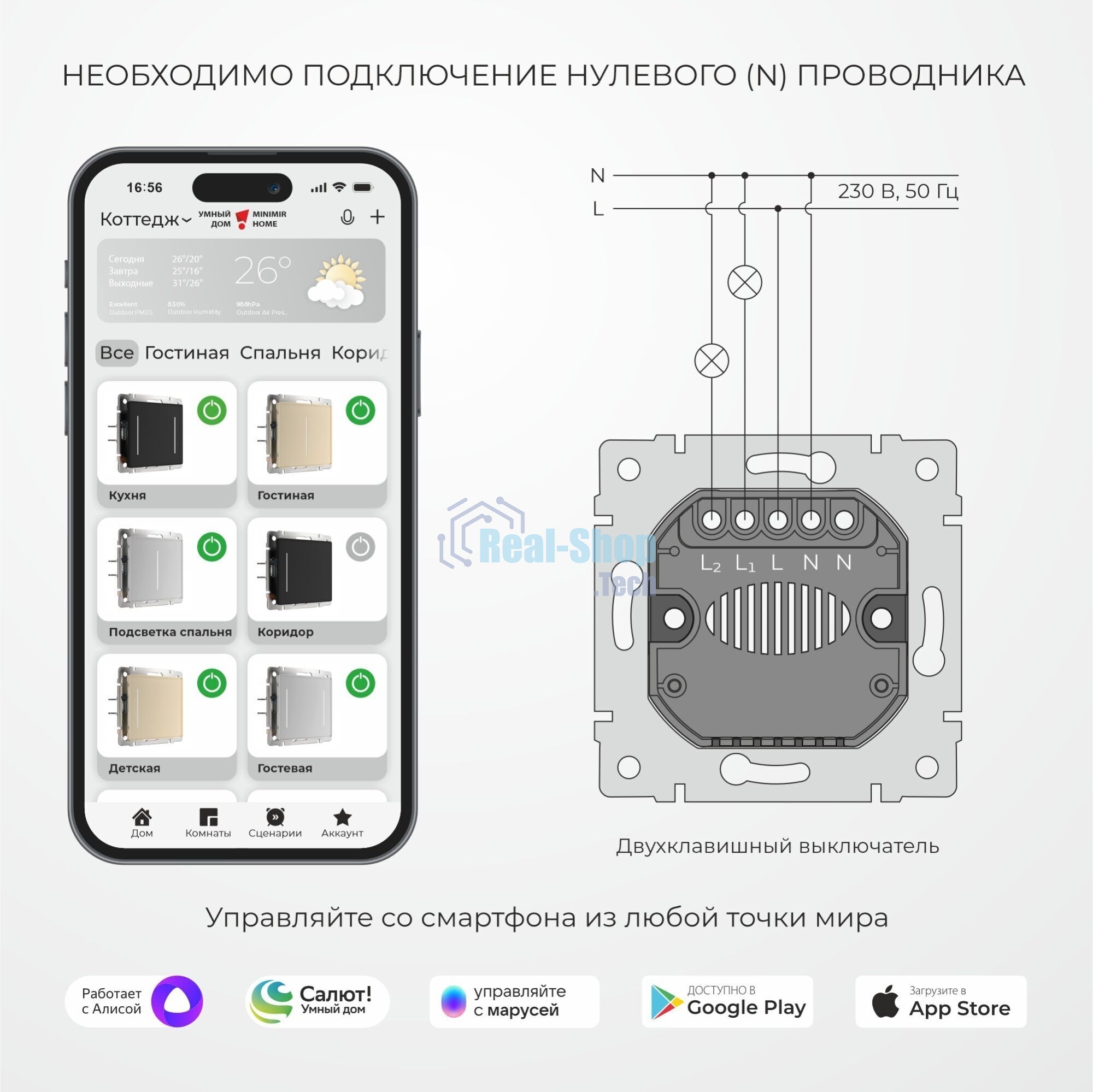 Умный сенсорный выключатель двухклавишный (дымчатый) W4523641