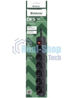 Сетевой фильтр Defender DFS 151 1.8 m, 6 розеток, черный