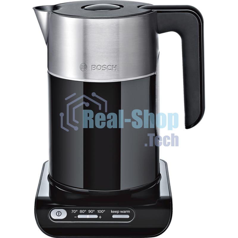 Электрочайник Bosch TWK8613 черный/серебристый, 1.5 л, 2400 Вт, скрытый нагревательный элемент, поддержание температуры