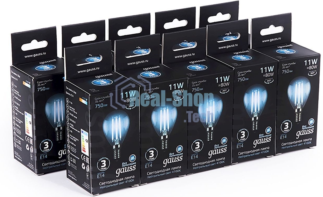 Лампа светодиодная филаментная Gauss Filament 11Вт цок.: E14 шар 220B 4100K св. свеч. белый нейт. (упак.: 10 шт)