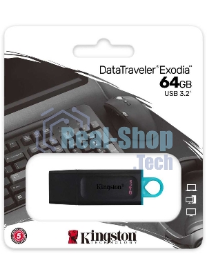 Флешка USB Kingston DataTraveler Exodia (DTX/64GB), 64Gb, USB 3.2 Gen 1, R/W 200/60, черный/бирюзовый