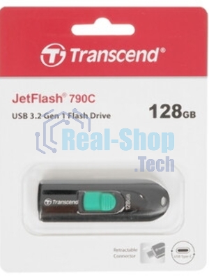 Флешка USB Transcend JetFlash 790C (TS128GJF790C), 128Gb, USB 3.2, R/W 90/60, черный/зеленый