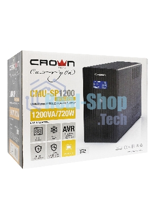 Источник бесперебойного питания CROWN Line Intractive CMU-SP1200IEC LCD USB 1200VA\720W, корпус металл, 2x12V/9AH, розетки 8*IEC, трансформатор AVR 140-290V, LCD-дисплей, cъемный кабель 1.2 м, порт RJ11/45, порт USB, защита: от перегрузки, от КЗ, от скачков напряжения