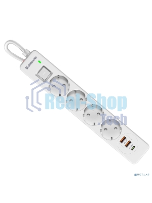 Удлинитель с сетевым фильтром Defender DFS 143, белый, 4розетки, USB+TypeC, 3 м.