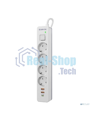 Удлинитель с сетевым фильтром Defender DFS 143, белый, 4розетки, USB+TypeC, 3 м.