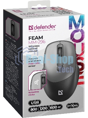 Мышь беспроводная Defender Feam MM-296 черный, 1600 dpi, радиоканал, USB, кнопки - 4
