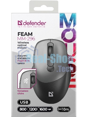 Мышь беспроводная Defender Feam MM-296 черный, 1600 dpi, радиоканал, USB, кнопки - 4
