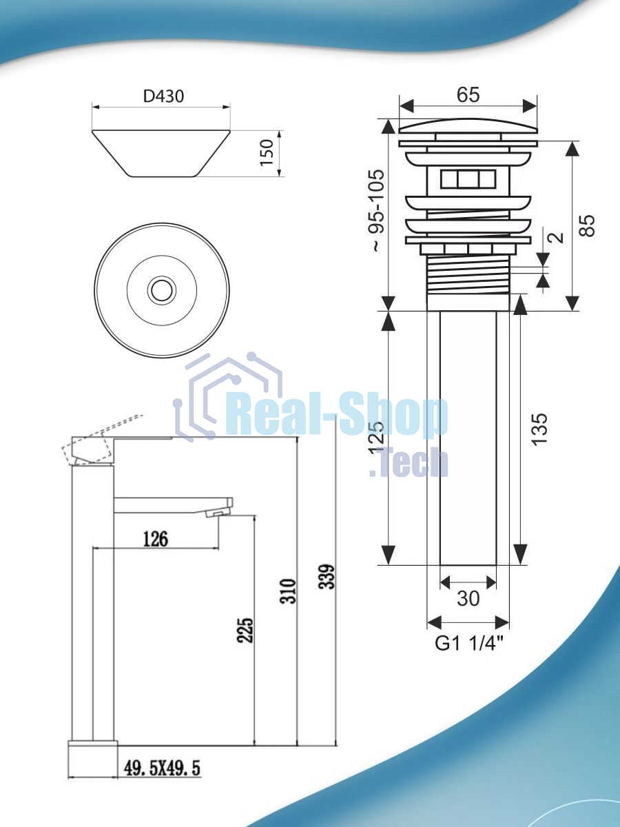 Раковина накладная со смесителем и выпуском (круглая BAU Dream D43, белая + смеситель Hotel Still, нер. сталь, выпуск клик-клак черный)