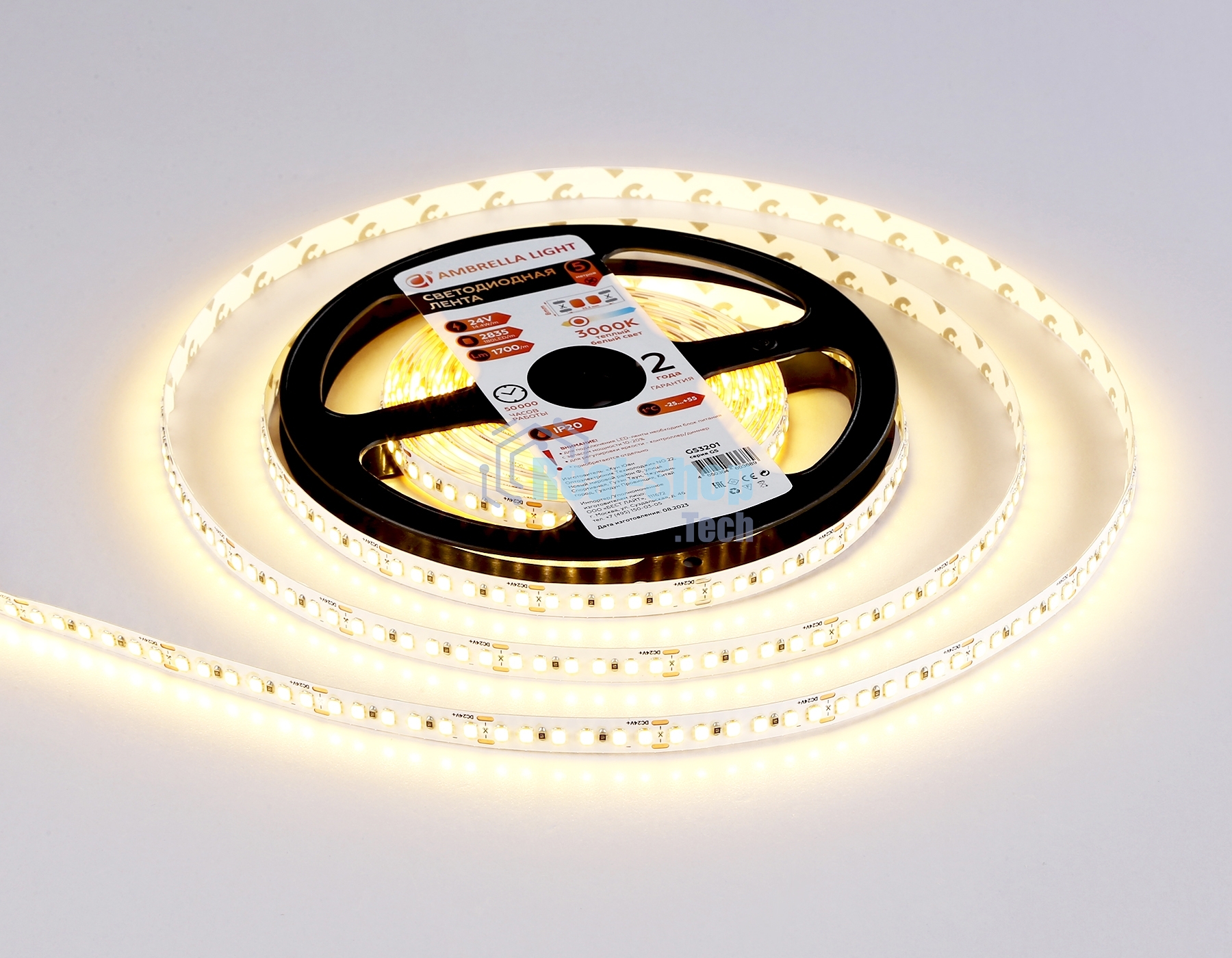 Светодиодная лента Ambrella light GS3201 2835 180Led/ 14.4W m/ 24V IP20 3000K/ 5000*8*1.2mm (2 конт.)
