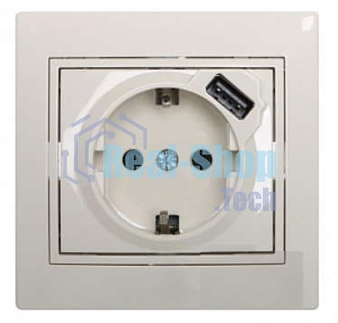 Розетка 1-м СП Мира 16А с з/к +USB крем. LEZARD 701-0303-181