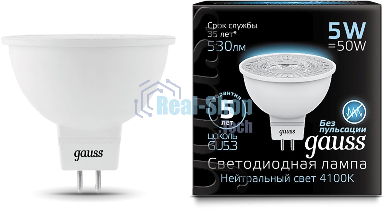 Лампа светодиодная Gauss черный 5Вт цок.: GU5.3 рефлектор 220B 4100K св. свеч. белый ней. MR16 (упак.: 10 шт)