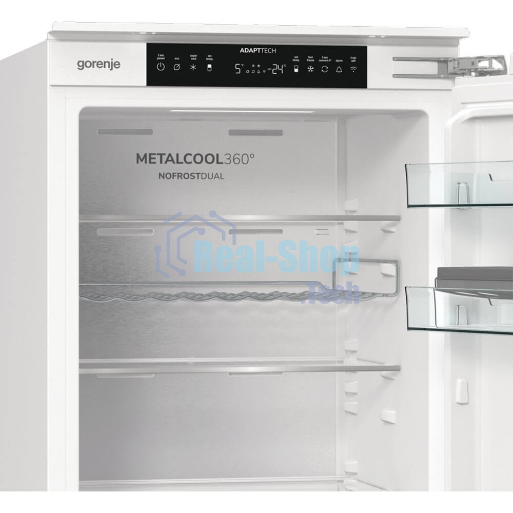 Встраиваемый холодильник Gorenje NRKI517E82WF, полезный объем 244 л, электронное управление, цифровой дисплей, автоматическое размораживание No Frost, быстрое замораживание, интенсивное охлаждение, зона свежести с контролем влажности, инверторный компрессор, энергоэффективность А+