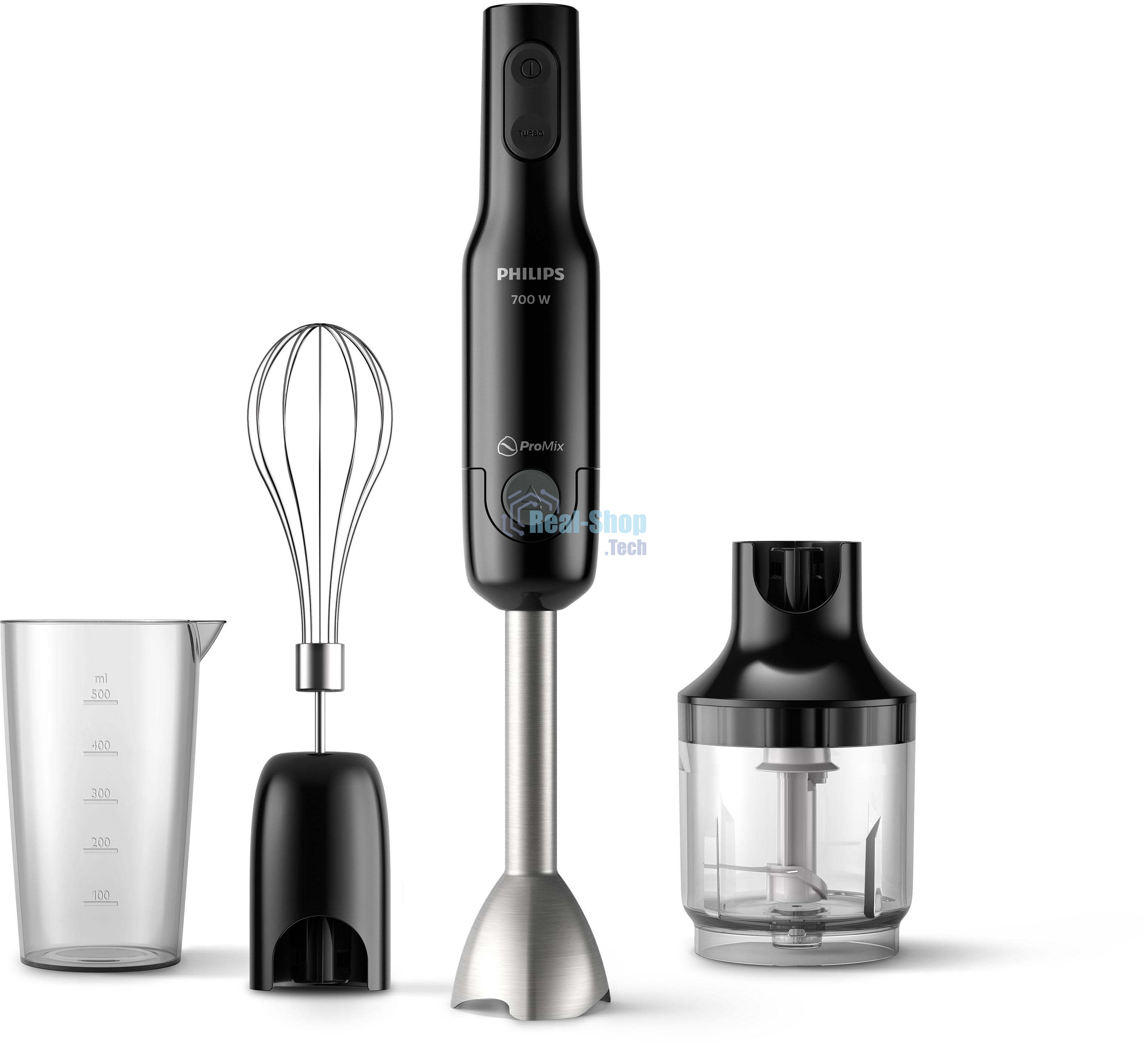 Блендер погружной Philips HR2543/90, 700 Вт, 1 скорость, турбо режим, стакан для взбивания, венчик, измельчитель, черный
