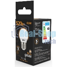 Лампа светодиодная Gauss Black 6.5Вт цок.: E27 шар 220B 3000K св. свеч. бел. теп. G45 (упак.: 10 шт)
