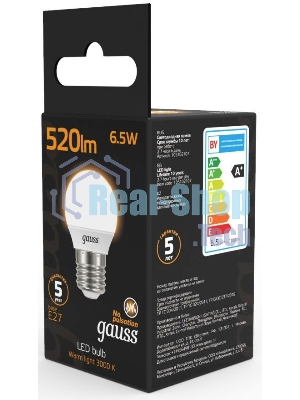 Лампа светодиодная Gauss Black 6.5Вт цок.: E27 шар 220B 3000K св. свеч. бел. теп. G45 (упак.: 10 шт)