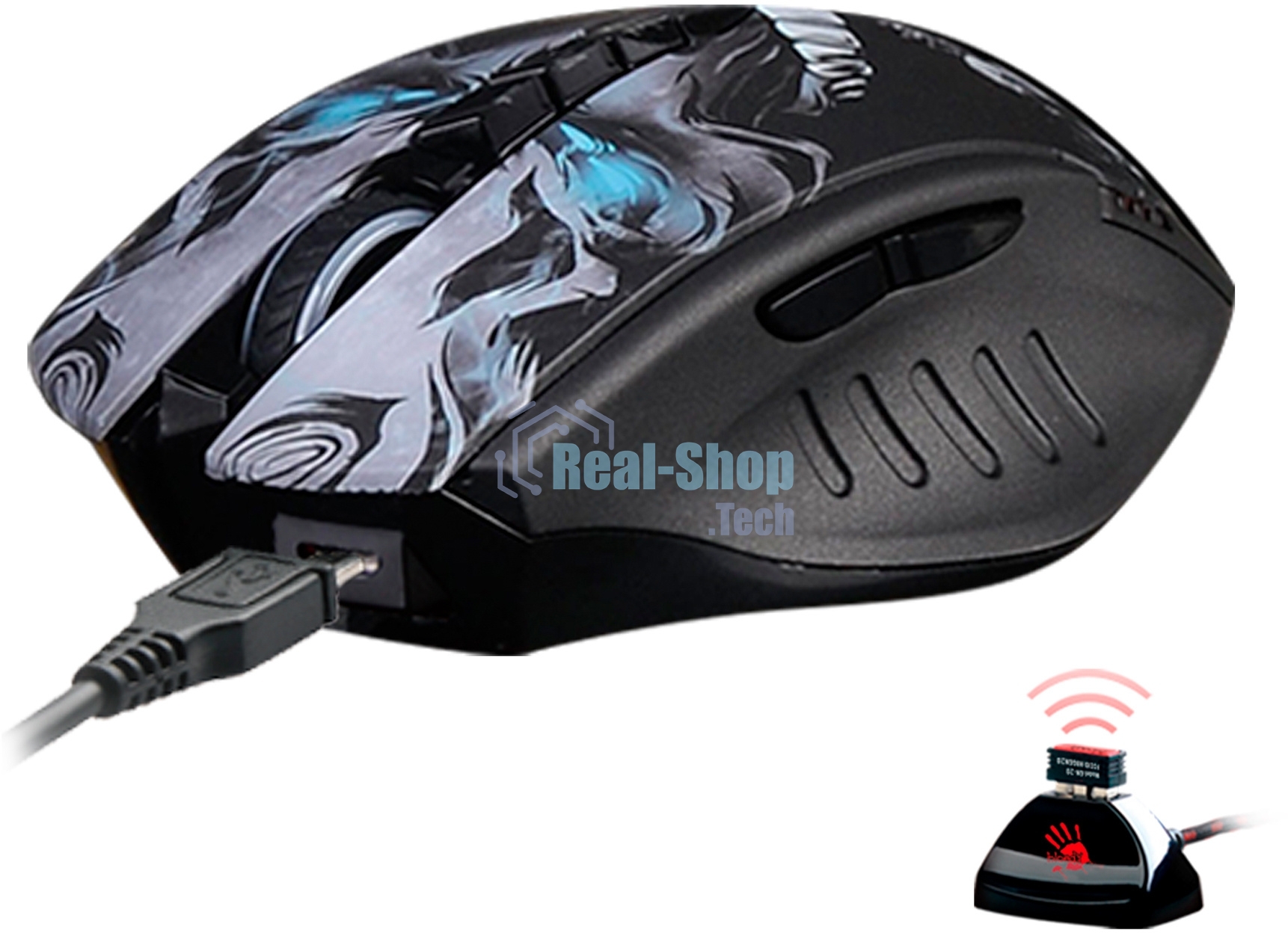 Мышь беспроводная A4Tech Bloody R80 Plus Skull черный, 5000 dpi, радиоканал, USB, кнопки - 8