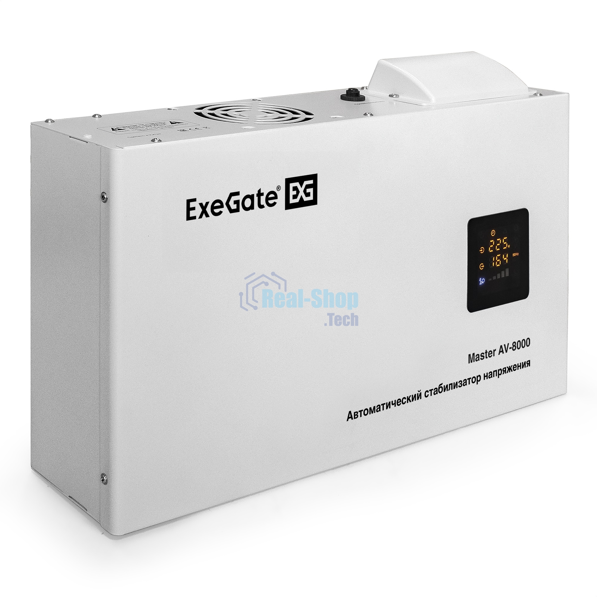 Стабилизатор напряжения ExeGate Master AV-8000 (8000ВА, 140-260В, цветной дисплей, 220В±8%, КПД 98%, 5 уровней защиты, задержка, усиленный метал.корпус, клем.колодка+евророзетка, RTL)