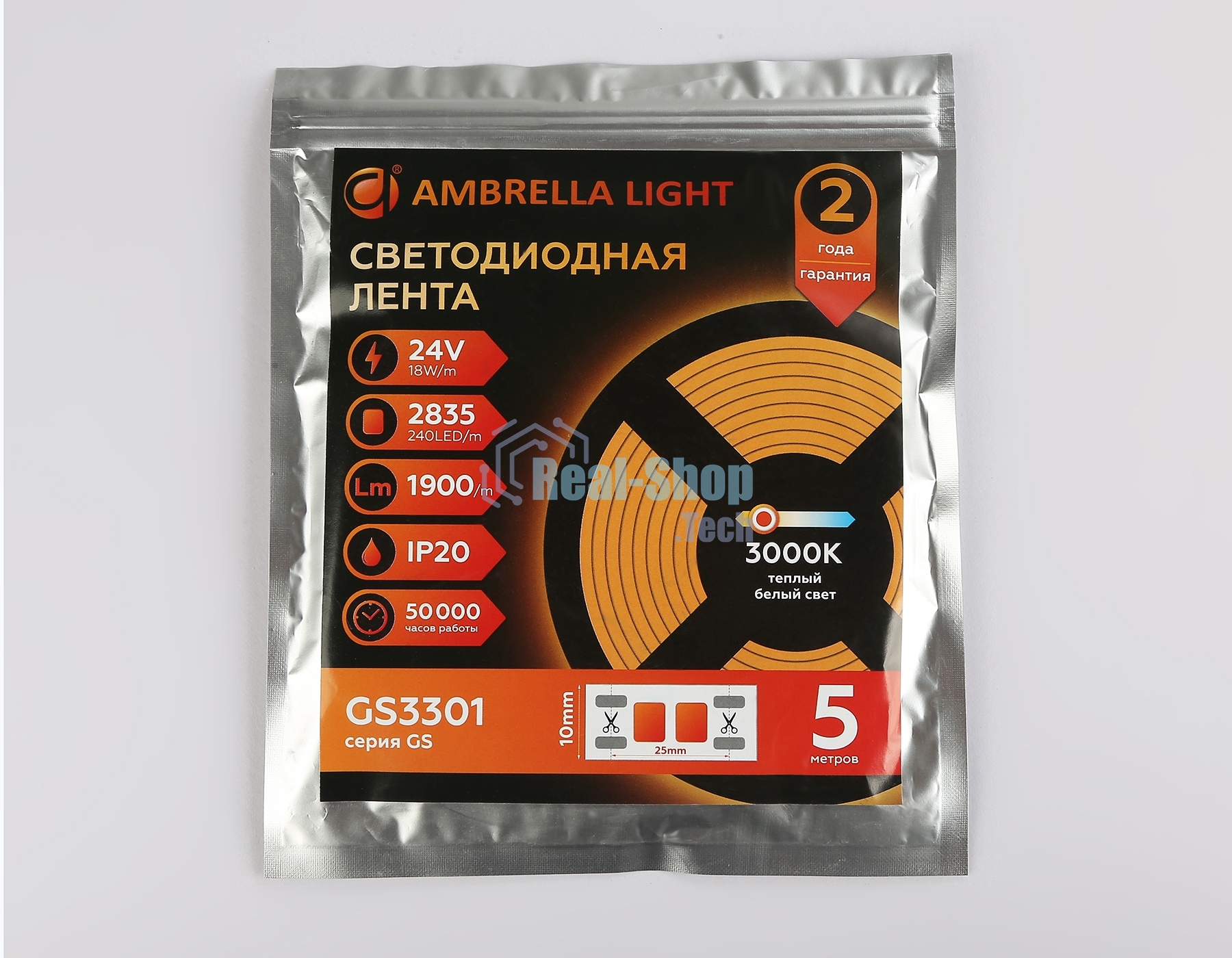 Светодиодная лента Ambrella light GS3301 2835 240Led/ 18W m/ 24V IP20 3000K/ 5000*10*1.2mm (2 конт.)