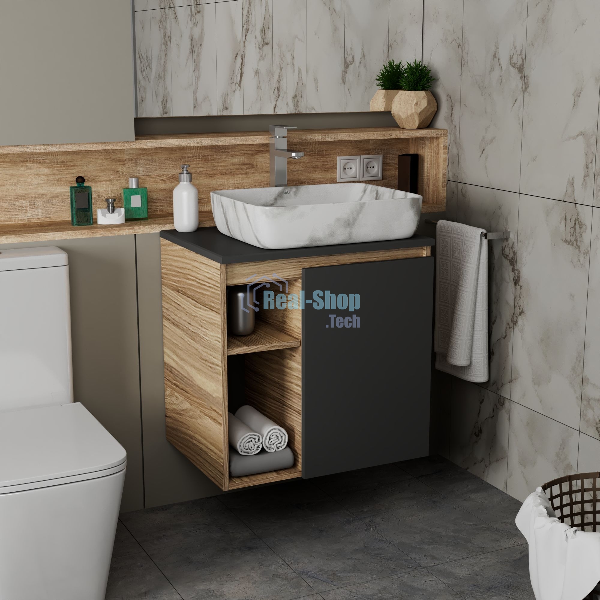 Тумба Bau Dream Blackwood 60 правая, графит, раковина BAU Hotel 51х39, мрамор, смеситель для раковины высокий Hotel Still, нержавеющая сталь
