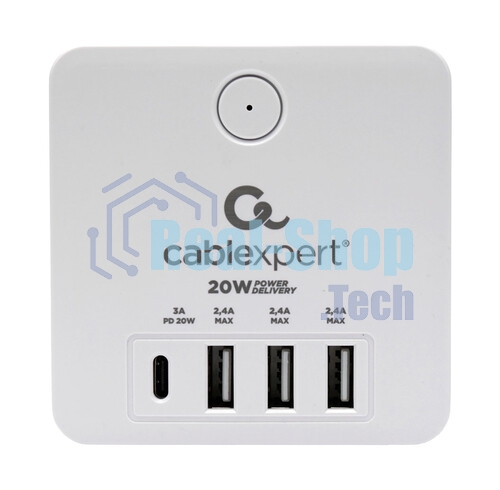 Сетевой фильтр Cablexpert Cube, CUBE-4-СU3-W, 4 р, 16А, 1xType-C PD, 3хUSB, ур. защиты 2+, белый, коробка