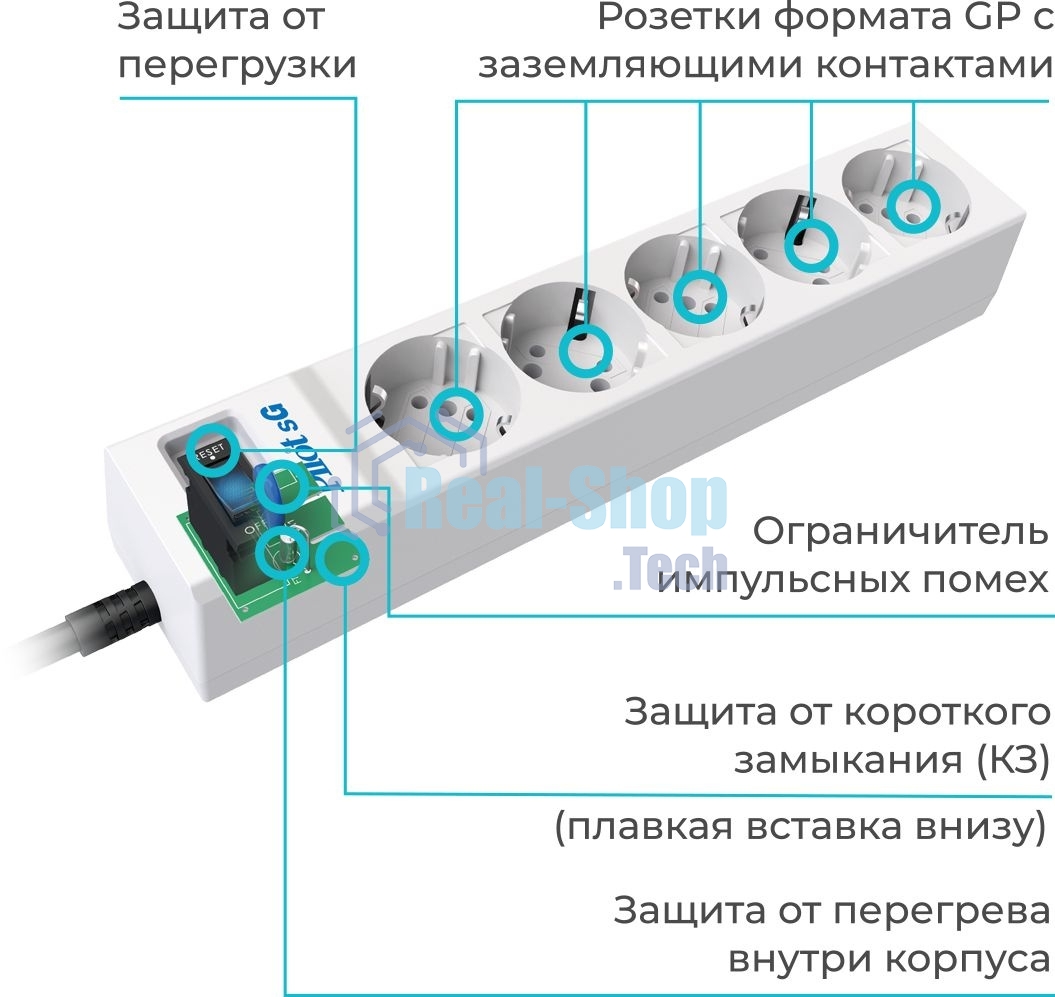 Сетевой фильтр Pilot SG 10 м, 5 розеток, белый, коробка