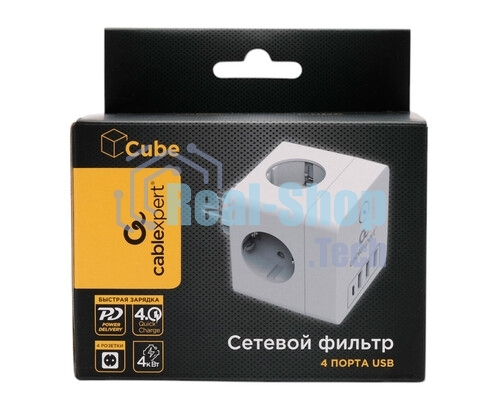 Сетевой фильтр Cablexpert Cube, CUBE-4-СU3-W, 4 р, 16А, 1xType-C PD, 3хUSB, ур. защиты 2+, белый, коробка