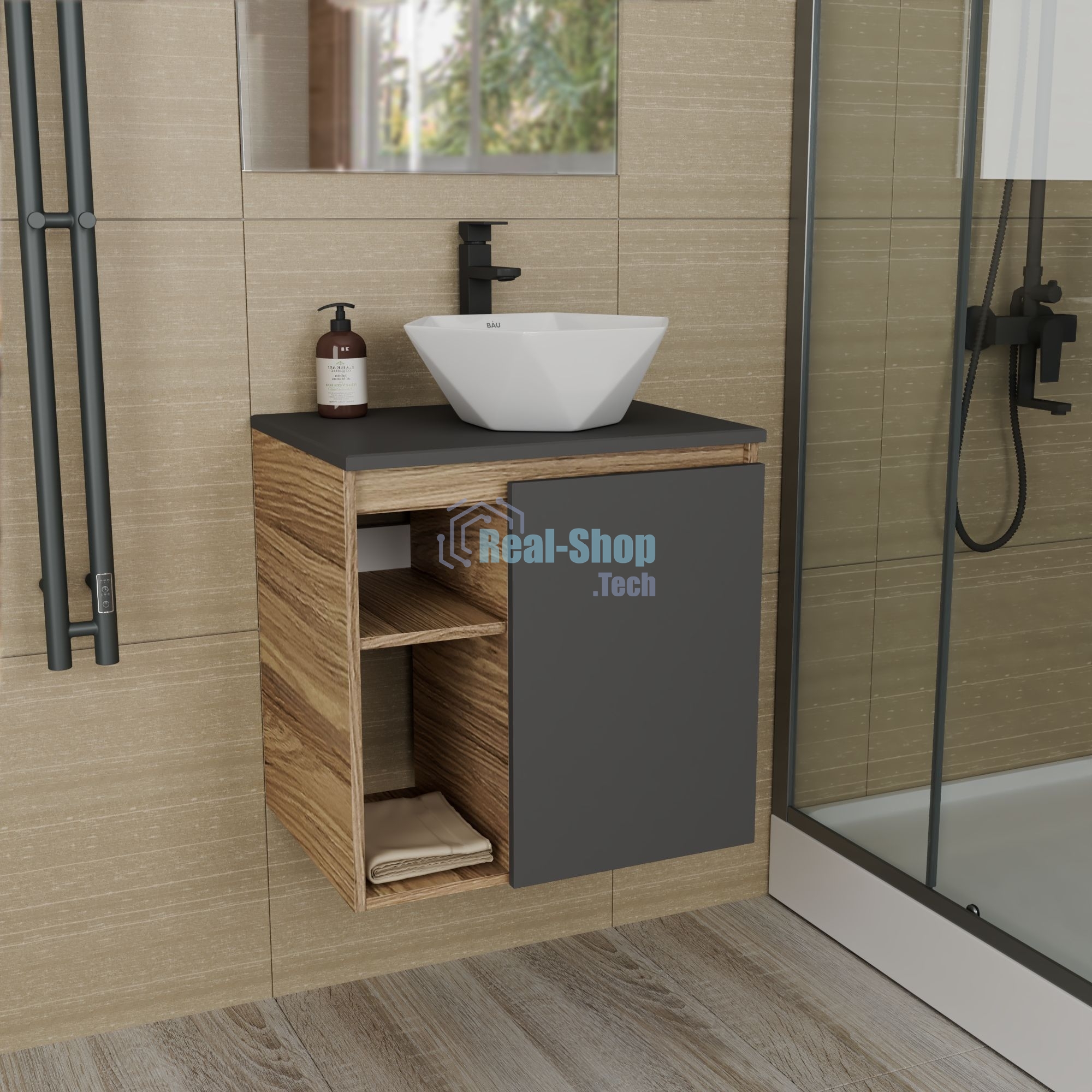 Тумба Bau Dream Blackwood 60 правая, графит, раковина BAU Crystal 40х40, смеситель для раковины высокий Hotel Black, черный