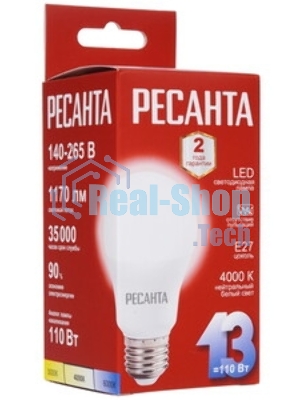 Лампа светодиодная Ресанта LL-R-A60-13W-230-4K-E27 груша, 13 Вт, нейтр., Е27
