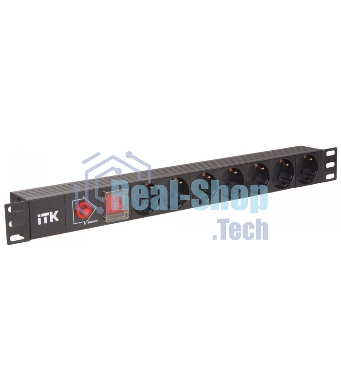 Блок розеток ITK PDU 7 розеток DIN49440 (нем. cтанд.) с LED выключателем, 1U, шнур 2м вилка DIN49441 (нем. станд.), профиль из ПВХ, черный