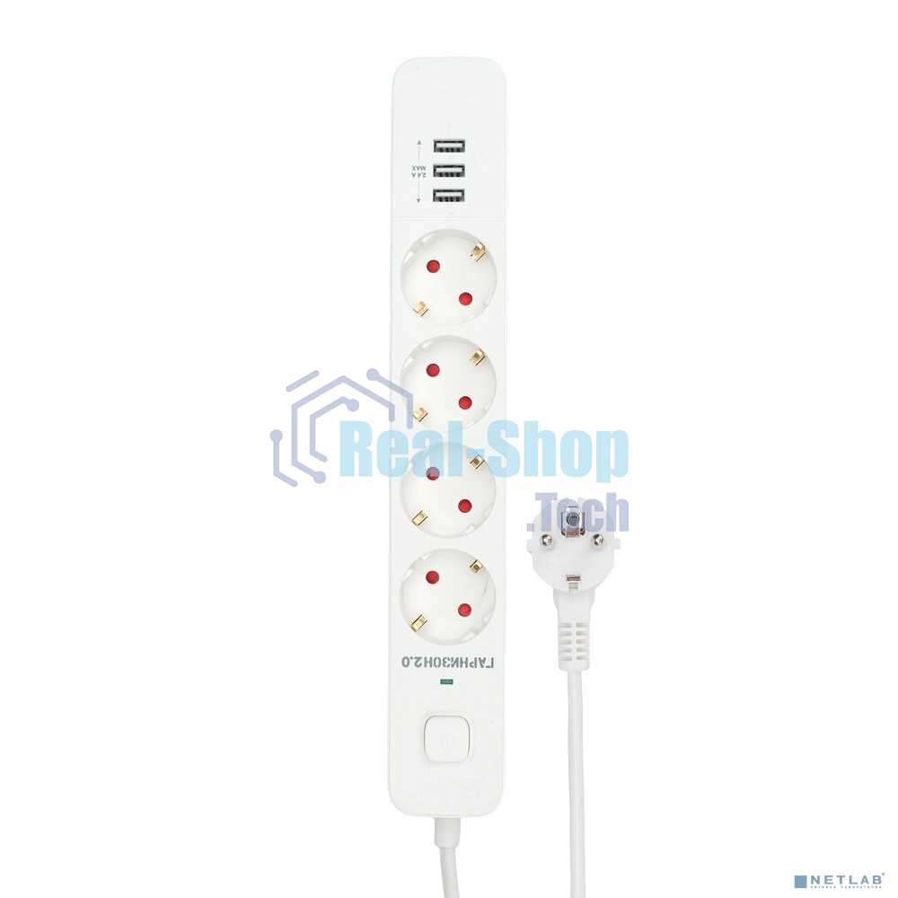 Сетевой фильтр Гарнизон 2.0 Мультипорт EPS-4-U3-W-4, 4 р, 10А, 3xUSB, 4 м, ур.защиты 2+, белый, пакет