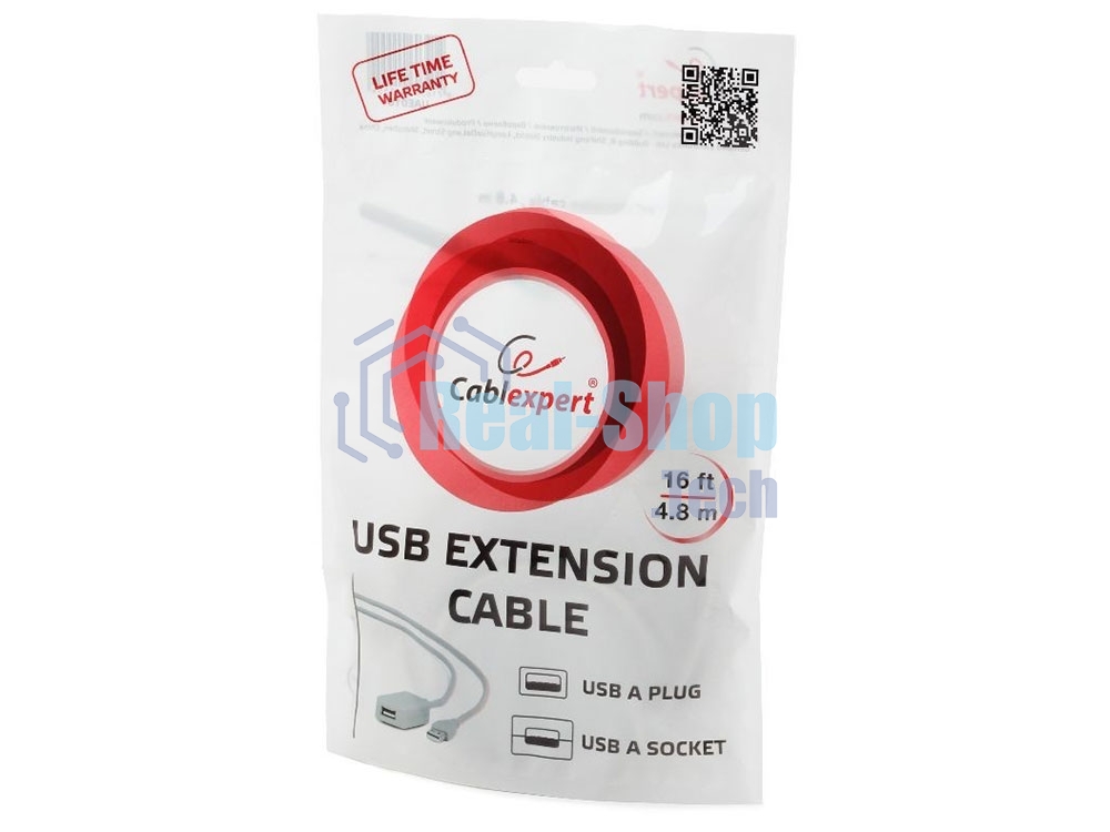 Кабель Gembird USB 2.0 удлинительный, активный 4.8м AM/AF, черный