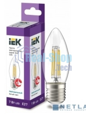 Лампа светодиодная IEK LLF-C35-7-230-40-E27-CL филаментная 360° 7Вт C35 свеча 4000К E27 230В прозр.