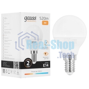 Лампа светодиодная Gauss Elementary 8Вт цок.: E14 шар 220B 3000K св. свеч. белый теп. P45 (упак.: 10 шт)